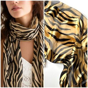 Vintage Gold & Black Animal Printed Trendy Lightweight Satin Feel Neck Scarf